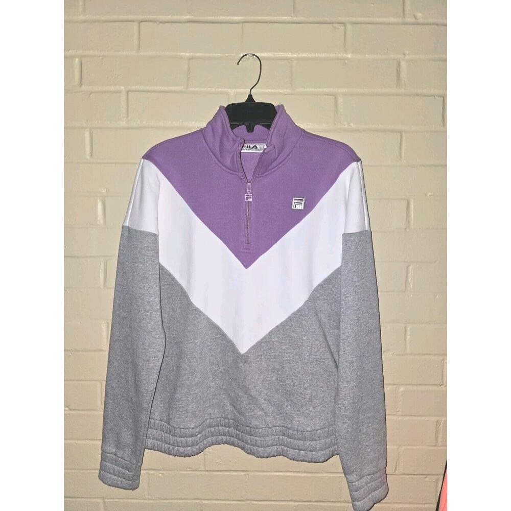 FILA Women's 1/4 Zip Pullover Sweatshirt White Gray Purple Chevron Fleece Size M